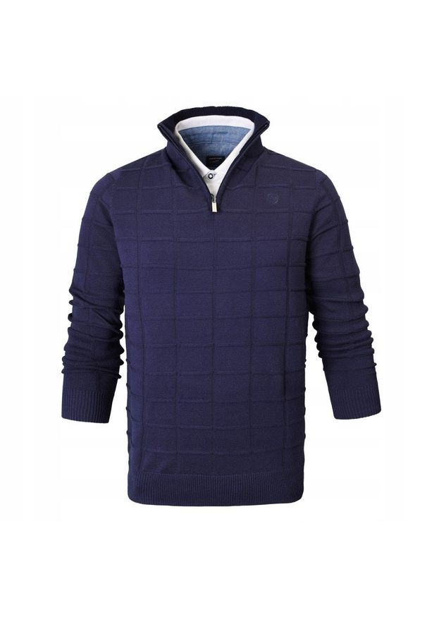 Elegancki Sweter Męski (Zamek) - Pako Jeans - Wysoki Dekolt, Granatowy. Kolor: niebieski. Materiał: bawełna. Styl: elegancki