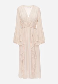 Renee - Beżowa Rustykalna Sukienka Wieczorowa z Falbanami i Marszczeniem w Talii Himereanes. Typ kołnierza: kołnierz z falbankami. Kolor: beżowy. Materiał: tkanina. Wzór: gładki, aplikacja. Typ sukienki: rozkloszowane. Styl: wizytowy #5