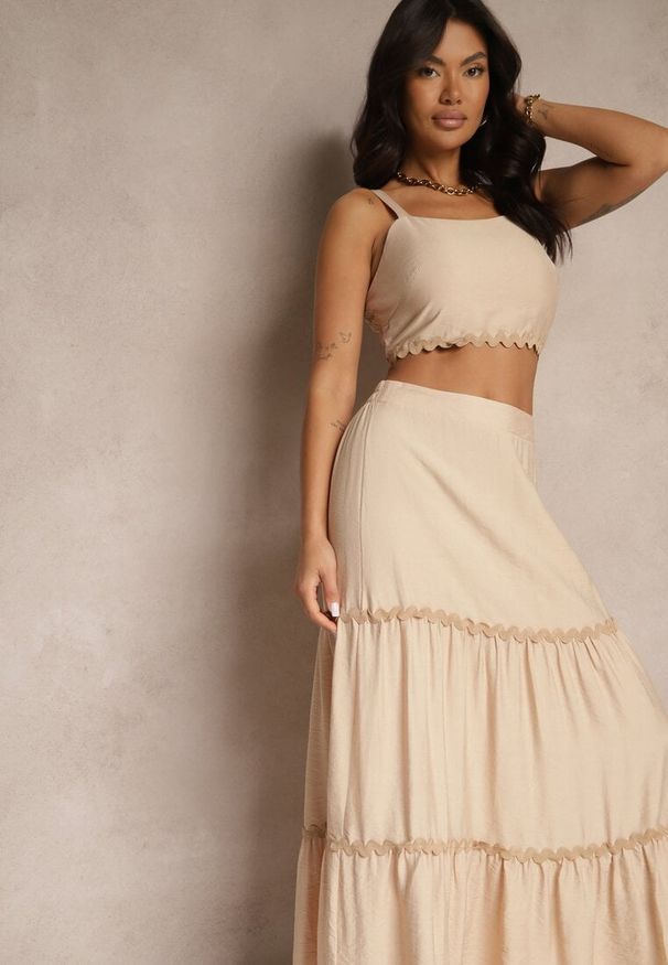 Renee - Beżowy Komplet z Wiskozy Top na Ramiączkach i Spódnica Rozkloszowana z Gumką w Pasie Efrisia. Kolor: beżowy. Materiał: wiskoza