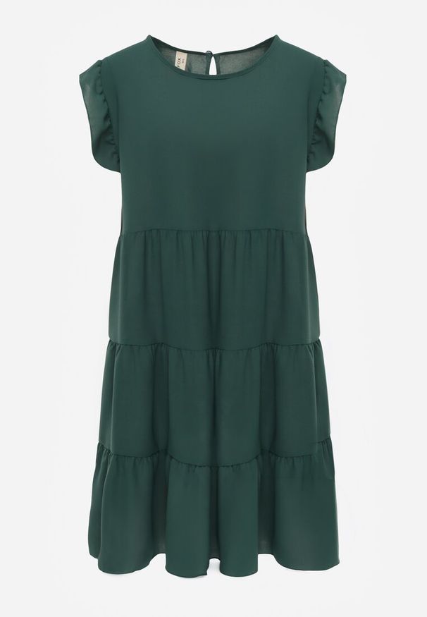 Renee - Ciemnozielona Sukienka z Krótkim Rękawem i Ozdobnymi Falbankami o Rozkloszowanym Kroju Vetesa. Okazja: na co dzień. Typ kołnierza: kołnierz z falbankami. Kolor: zielony. Materiał: jeans, wiskoza. Długość rękawa: krótki rękaw. Typ sukienki: proste. Styl: casual, klasyczny