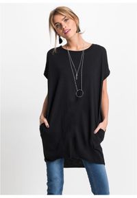 bonprix - Długi T-shirt z czystej bawełny. Kolor: czarny. Materiał: bawełna. Długość rękawa: krótki rękaw. Długość: długie #1