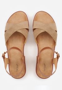 Renee - Ciemnobeżowe Płaskie Sandały VICES z Cholewką ze Skrzyżowanymi Paskami Emelika. Zapięcie: pasek. Kolor: beżowy. Wzór: haft. Styl: boho #7