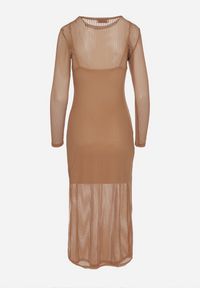 Born2be - Brązowa Sukienka Siateczkowa w Prążki z Wiskozą Niniria. Okazja: na co dzień. Kolor: brązowy. Materiał: wiskoza. Długość rękawa: na ramiączkach. Wzór: prążki. Typ sukienki: proste. Styl: casual, elegancki #4