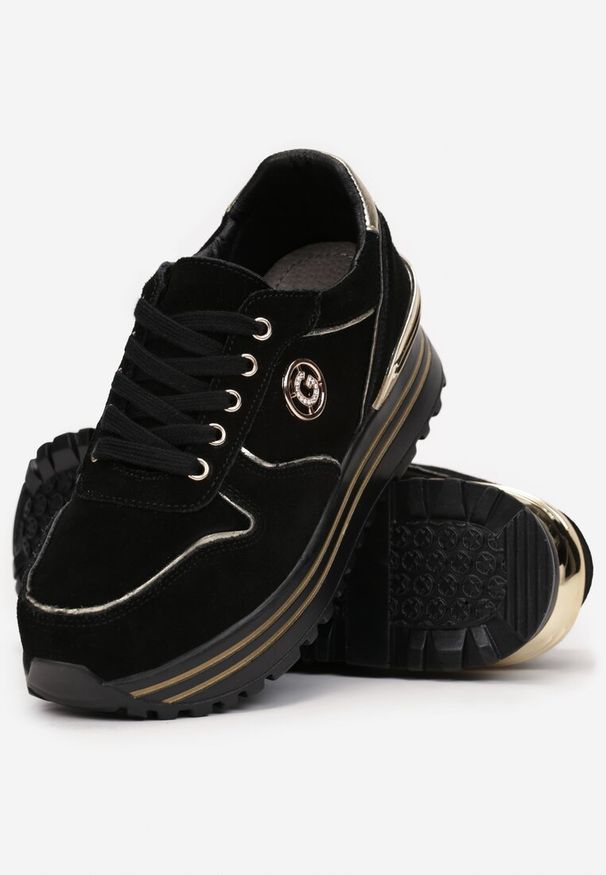 Born2be - Czarne Sneakersy na Grubej Podeszwie z Wkładką ze Skóry Naturalnej Boza. Okazja: na co dzień, na spacer. Nosek buta: okrągły. Zapięcie: sznurówki. Kolor: czarny. Materiał: skóra. Obcas: na obcasie. Wysokość obcasa: niski. Sport: turystyka piesza