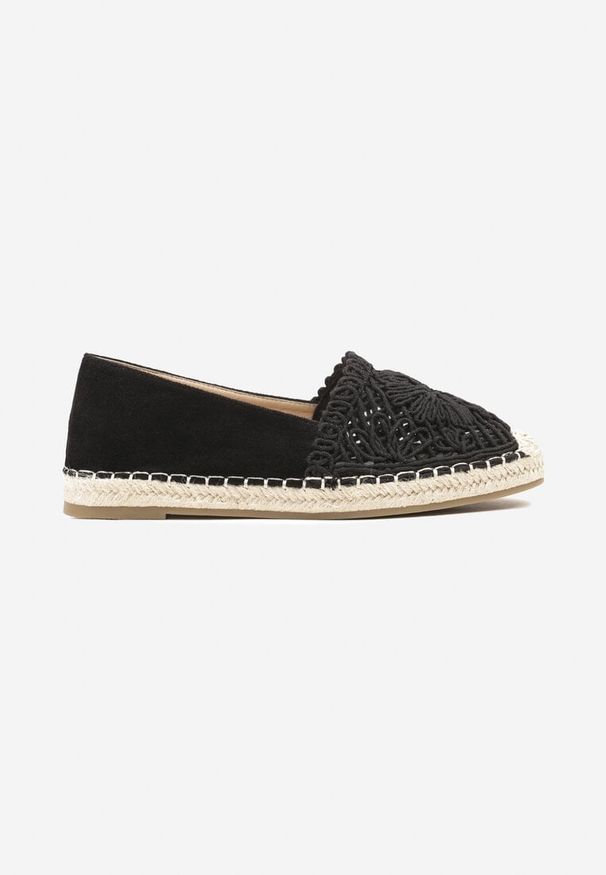 Born2be - Czarne Ażurowe Espadryle Ozdobione Plecionym Sznurkiem Sdivaya. Okazja: na co dzień. Nosek buta: okrągły. Kolor: czarny. Materiał: jeans. Wzór: aplikacja, ażurowy. Obcas: na obcasie. Styl: elegancki, casual