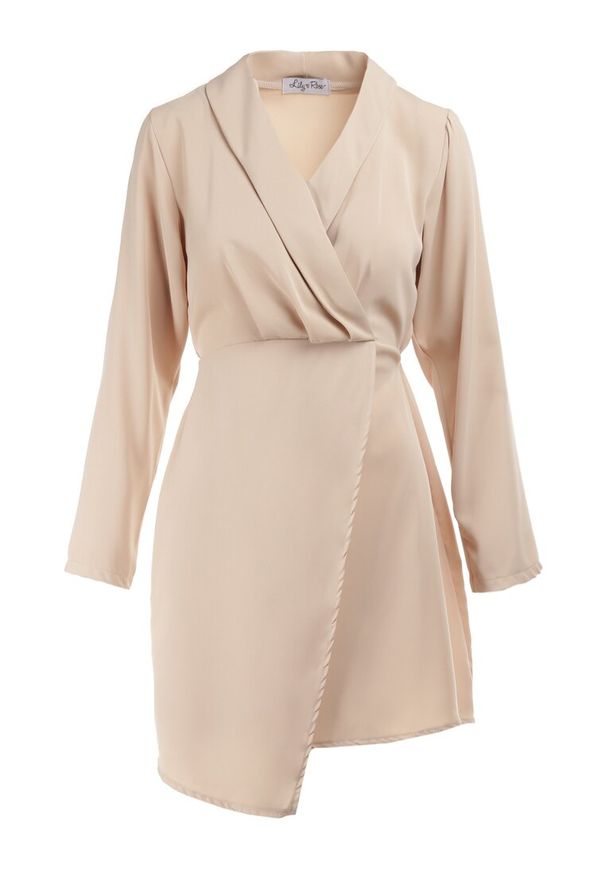 Born2be - Beżowa Sukienka Tryphala. Typ kołnierza: dekolt w kształcie V. Kolor: beżowy. Materiał: tkanina. Długość rękawa: długi rękaw. Wzór: aplikacja, gładki, jednolity. Typ sukienki: kopertowe. Styl: klasyczny. Długość: mini