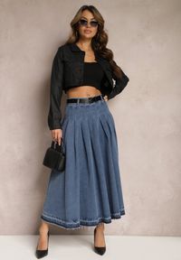 Renee - Granatowa Rozkloszowana Spódnica Jeansowa z Paskiem z Klamrą Varnie. Okazja: na uczelnię. Kolor: niebieski. Materiał: jeans #4