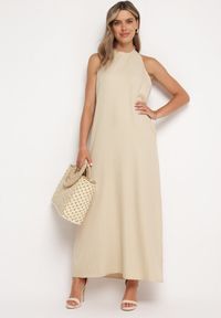 Born2be - Beżowa Sukienka z Wiązaniem na Szyi i Kieszeniami o Trapezowym Kroju Nestatasha. Kolor: beżowy. Typ sukienki: trapezowe #4