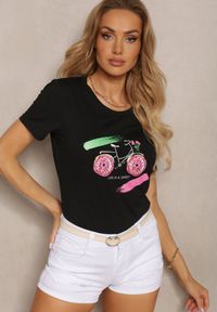 Renee - Czarny T-shirt Bawełniany z Nadrukiem i Cyrkoniami Ebilane. Okazja: na co dzień. Kolor: czarny. Materiał: bawełna. Wzór: nadruk. Sezon: wiosna, lato. Styl: casual