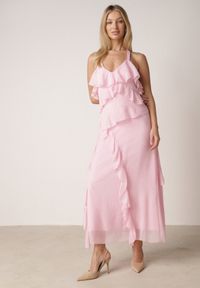Born2be - Różowa Koktajlowa Sukienka Taliowana z Falbankami Wiązana na Szyi Demeina. Okazja: na co dzień. Typ kołnierza: kołnierz z falbankami. Kolor: różowy. Materiał: poliester. Typ sukienki: proste. Styl: wizytowy #2
