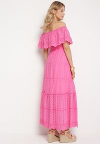 Born2be - Różowa Sukienka Hiszpanka z Gumką w Pasie Ozdobiona Falbanką Lievana. Okazja: na co dzień. Typ kołnierza: dekolt hiszpanka. Kolor: różowy. Materiał: jeans, materiał. Długość rękawa: krótki rękaw. Wzór: aplikacja. Styl: elegancki, casual #4