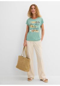 bonprix - T-shirt z brokatowym nadrukiem. Kolor: zielony. Wzór: nadruk #3