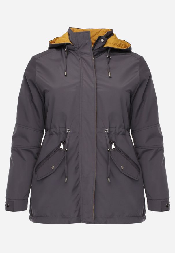 Born2be - Szaro-Żółta Przejściowa Kurtka Dwustronna Parka z Pikowaniem i Kapturem Tidare. Okazja: na spacer, na co dzień. Kolekcja: plus size. Kolor: szary. Materiał: poliester, jeans. Styl: casual, sportowy