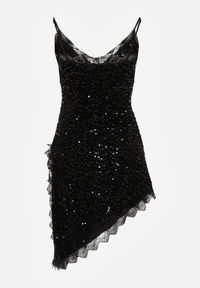 Born2be - Czarna Sukienka o Asymetrycznym Kroju z Cekinami i Koronką Eldafera. Kolor: czarny. Materiał: koronka. Długość rękawa: na ramiączkach. Wzór: koronka. Typ sukienki: asymetryczne. Styl: elegancki #6