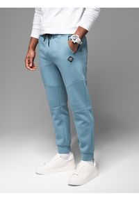 Ombre Clothing - Spodnie dresowe męskie ze ściągaczami i ozdobnym zamkiem – jasnoniebieskie V4. Kolor: niebieski. Materiał: dresówka. Styl: sportowy, elegancki #9