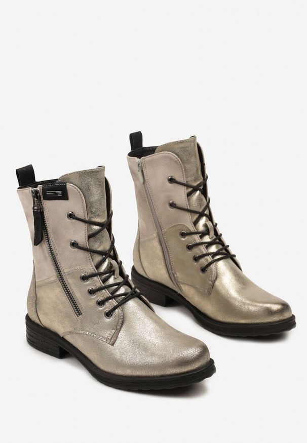 Renee - Szaro-Złote Botki w Stylu Vintage ze Sznurowaniem Vemlora. Okazja: na co dzień. Zapięcie: zamek. Kolor: szary. Materiał: skóra, jeans. Wzór: aplikacja. Styl: vintage