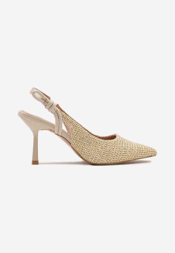 Renee - Beżowe Sandały na Szpilce Typu Slingback Ozdobione Plecionką Pulvia. Okazja: na co dzień, na imprezę. Kolor: beżowy. Wzór: aplikacja. Obcas: na szpilce. Styl: klasyczny, elegancki, casual. Wysokość obcasa: średni