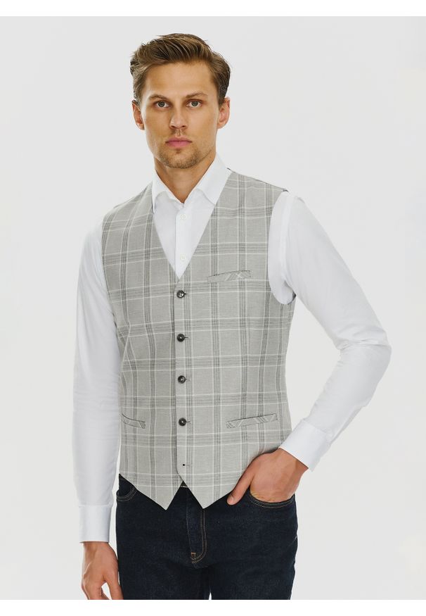 Pako Lorente - PAKO LORENTE – Szara kamizelka jednorzędowa w kratę. Kolor: szary