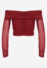 Renee - Bordowa Drapowana Bluzka VICES z Odkrytymi Ramionami i Siateczkowymi Rękawami Atevite. Okazja: na co dzień. Kolor: czerwony. Materiał: jeans. Styl: casual #7