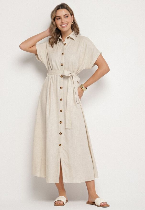 Born2be - Beżowa Koszulowa Sukienka z Lnem Wiskozą i Paskiem Lenaviel. Okazja: na co dzień. Kolor: beżowy. Materiał: len, wiskoza. Typ sukienki: koszulowe. Styl: casual, klasyczny