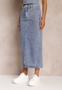 Renee - Niebieska Spódnica Jeansowa Midi z Wysokim Stanem Zakila. Stan: podwyższony. Kolor: niebieski. Materiał: jeans