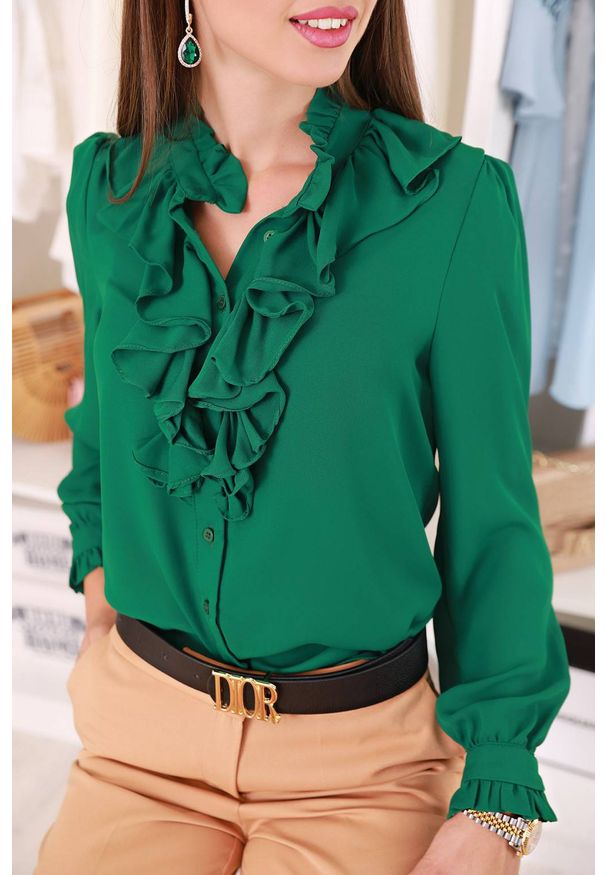 IVET - Koszula damska MORGILA GREEN. Typ kołnierza: kołnierz z falbankami. Kolor: zielony. Styl: elegancki
