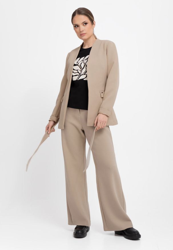 Volcano - Eleganckie spodnie z szeroką nogawką R-MILEN. Kolor: beżowy. Materiał: tkanina, materiał. Długość: długie. Styl: elegancki