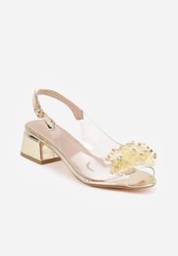 Born2be - Złote Transparentne Sandały VICES na Metalicznym Obcasie z Aplikacją 3D Zarinerris. Zapięcie: sprzączka. Kolor: złoty. Materiał: satyna. Wzór: aplikacja. Obcas: na obcasie. Styl: elegancki. Wysokość obcasa: średni #5