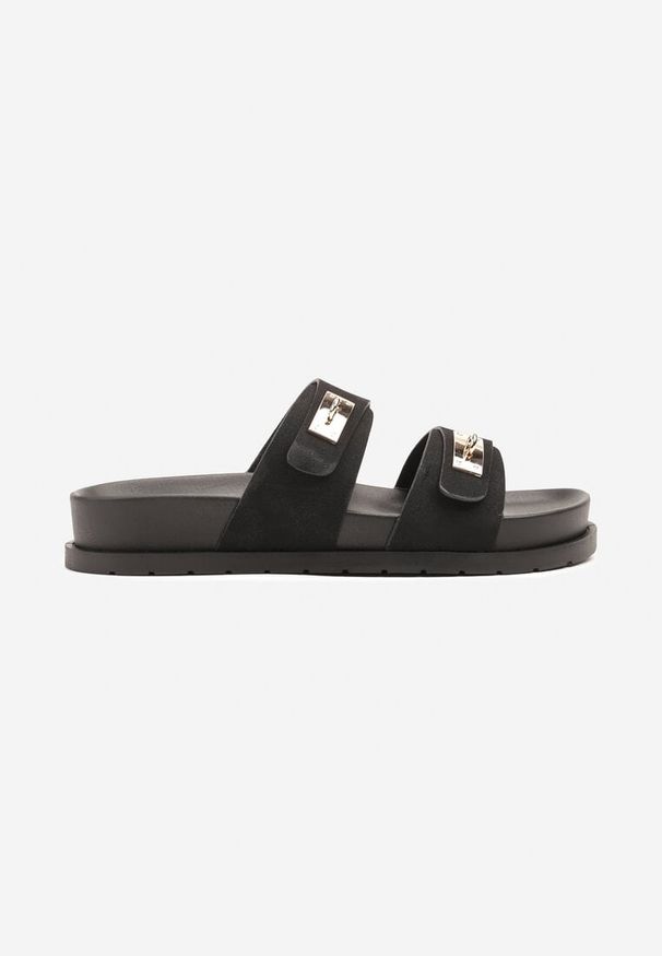 Renee - Czarne Klapki w Casualowym Stylu Zdobione Metalicznymi Aplikacjami Tasloti. Okazja: na co dzień. Kolor: czarny. Materiał: jeans. Wzór: aplikacja. Sezon: lato. Obcas: na obcasie. Styl: elegancki, casual. Wysokość obcasa: niski