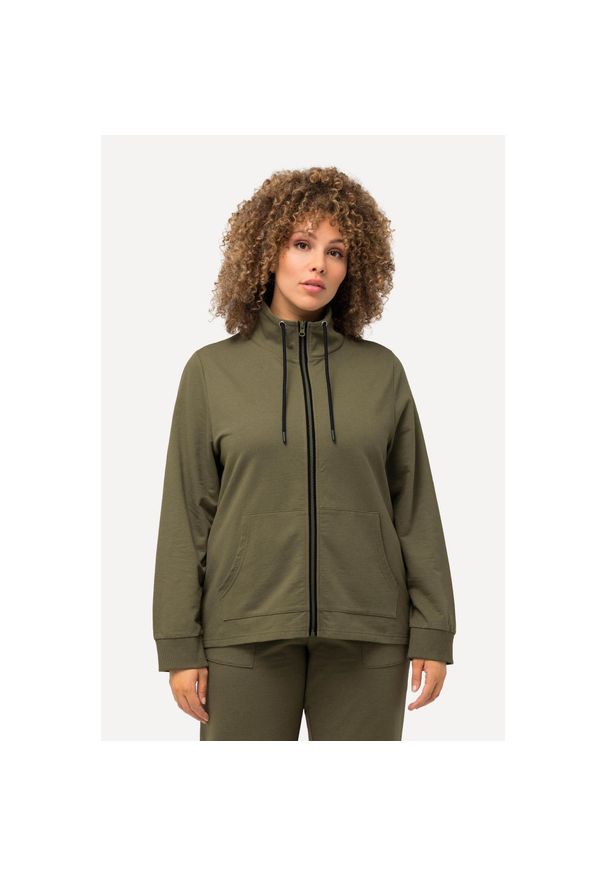 ULLA POPKEN - Damskie Bluza rozpinana stójka kieszeń kangurka dłuższy tył. Typ kołnierza: kołnierzyk stójkowy. Kolekcja: plus size. Kolor: zielony. Materiał: poliester, materiał, bawełna. Długość: długie