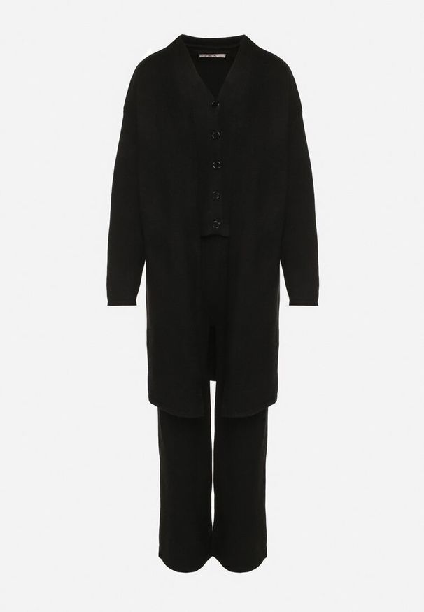 Born2be - Czarny Dzianinowy Komplet z Wełną Kamizelka Długi Kardigan i Spodnie Otizela. Kolekcja: plus size. Kolor: czarny. Materiał: dzianina, wełna