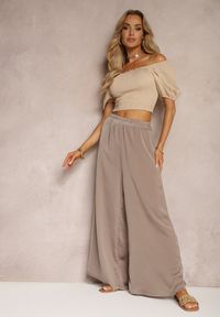 Renee - Ciemnobeżowe Wiskozowe Spodnie Szerokie High Waist Rissalene. Okazja: do pracy, na spotkanie biznesowe. Stan: podwyższony. Kolor: beżowy. Materiał: wiskoza. Styl: elegancki, biznesowy