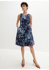 bonprix - Sukienka z kontrafałdami i kieszeniami. Kolor: niebieski. Wzór: nadruk. Styl: elegancki