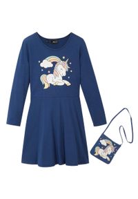 Sukienka dziewczęca z dżerseju + torebka (2 części), bawełna organiczna bonprix niebieski. Kolor: niebieski. Materiał: jersey, materiał, bawełna. Wzór: aplikacja, nadruk #5