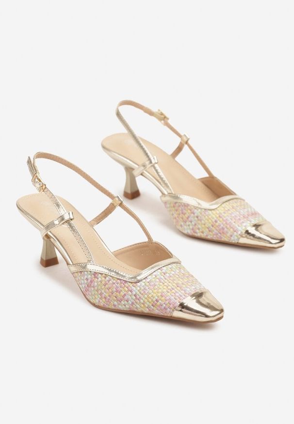 Renee - Złoto-Różowe Sandały na Kaczuszce Slingback z Plecionką i Metalicznym Noskiem Ldivaria. Okazja: na imprezę, na co dzień. Kolor: złoty. Wzór: aplikacja. Obcas: na szpilce. Styl: casual, elegancki. Wysokość obcasa: średni