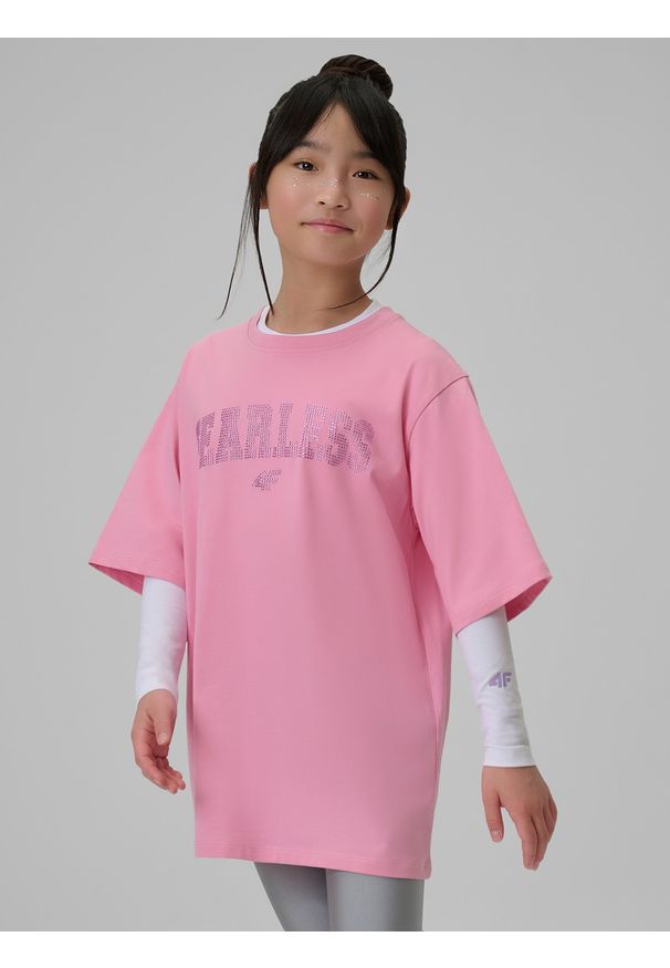 4f - 4F T-shirt loose z nadrukiem dziewczęcy - różowy 146/152 (10-12 lat). Okazja: na co dzień. Kolor: różowy. Materiał: bawełna, dzianina. Wzór: nadruk. Sezon: lato. Styl: casual