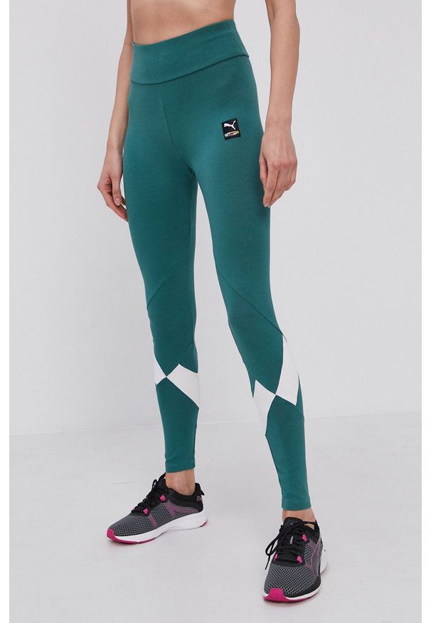 Puma Legginsy damskie kolor zielony z aplikacją. Stan: podwyższony. Kolor: zielony. Wzór: aplikacja