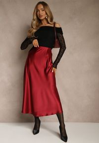 Renee - Bordowa Satynowa Midi Spódnica Rozkloszowana z Gumką w Pasie i Suwakiem Leose. Kolor: czerwony. Materiał: satyna #5