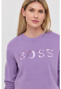 BOSS - Boss Bluza bawełniana damska kolor fioletowy z aplikacją. Okazja: na co dzień. Kolor: fioletowy. Materiał: bawełna. Wzór: aplikacja. Styl: casual #4