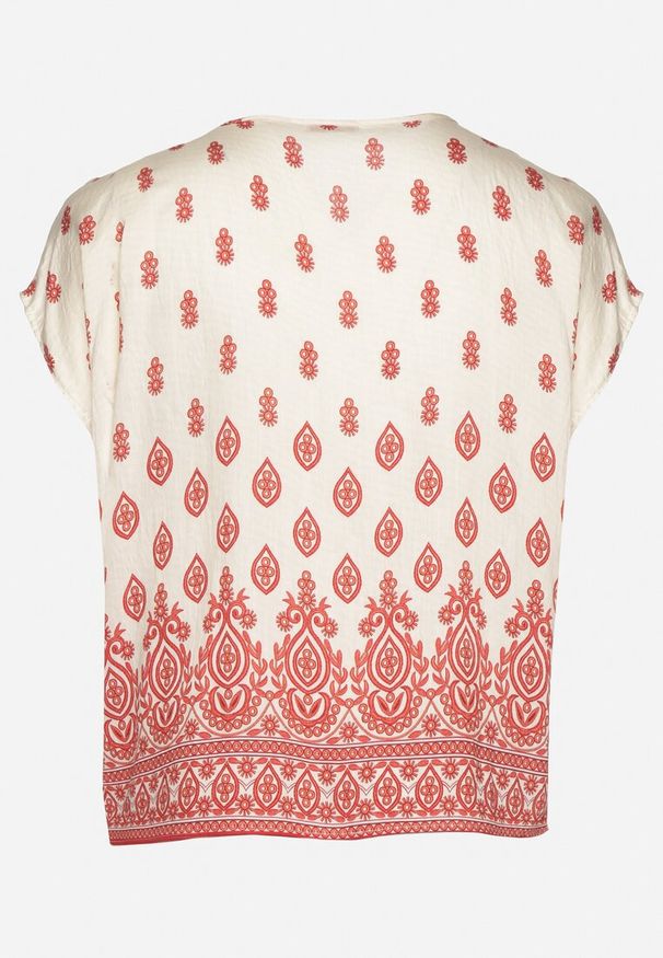 Born2be - Biało-Czerwona Bluzka w Boho Wzór z Wiązaniem przy Dekolcie Jenalia. Kolor: czerwony. Materiał: jeans, materiał. Styl: boho