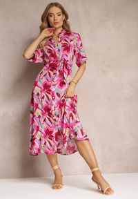 Renee - Fuksjowa Sukienka Koszulowa z Wiskozy i Wiązanym Paskiem Batin. Kolor: różowy. Materiał: wiskoza. Wzór: aplikacja, kwiaty, nadruk. Typ sukienki: koszulowe