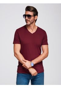 Ombre Clothing - Bawełniana klasyczna męska koszulka z dekoltem w serek BASIC – bordowa V10 - Rozmiar: XL. Typ kołnierza: dekolt w serek. Kolor: czerwony. Materiał: bawełna. Styl: klasyczny
