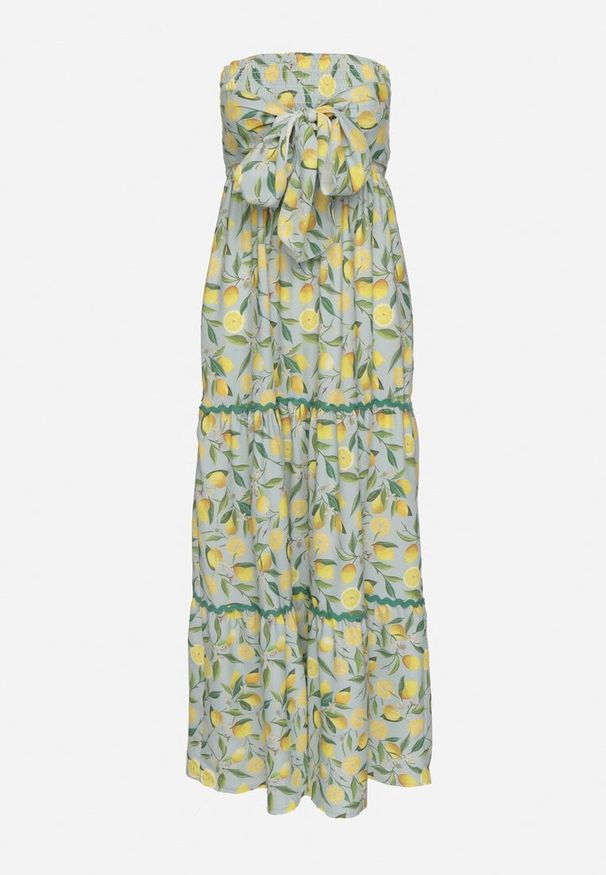 Born2be - Ciemnozielona Sukienka w Cytryny z Kokardą Galadessa. Okazja: na co dzień, na randkę. Typ kołnierza: kokarda. Kolor: zielony. Sezon: lato. Styl: casual, elegancki