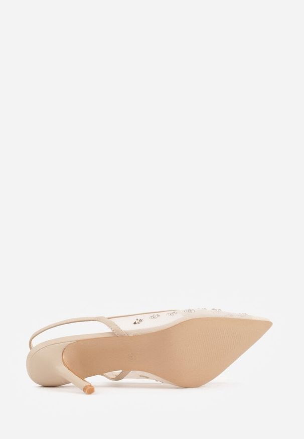 Renee - Złote Sandały Slingback na Szpilce z Siateczki Zdobione Cyrkoniami Lilinyra. Nosek buta: szpiczasty. Kolor: złoty. Materiał: skóra. Wzór: aplikacja. Obcas: na szpilce. Styl: elegancki