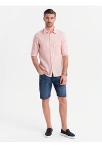 Ombre Clothing - Męskie denimowe szorty o klasycznym kroju – ciemnoniebieskie V3 OM-SRDS-0171 - XXL. Kolor: niebieski. Materiał: bawełna, jeans, skóra, elastan. Wzór: aplikacja. Sezon: lato. Styl: klasyczny
