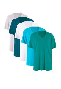 Długi shirt z dekoltem w szpic (5 sztuk), krótki rękaw bonprix błękit laguny + ciemnoszmaragdowy + niebieskozielony + biały + jasnoszary melanż. Kolor: niebieski. Długość rękawa: krótki rękaw. Długość: krótkie. Wzór: melanż #1