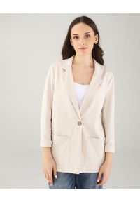 Unisono - GŁADKI BEŻOWY ŻAKIET MG52-179 BEIGE. Kolor: beżowy. Materiał: nylon, elastan, bawełna. Wzór: gładki