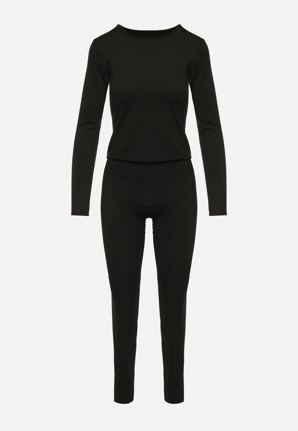 Born2be - Czarny Komplet Sportowy Legginsy i Bluzka z Długim Rękawem Toretta. Kolor: czarny. Wzór: aplikacja