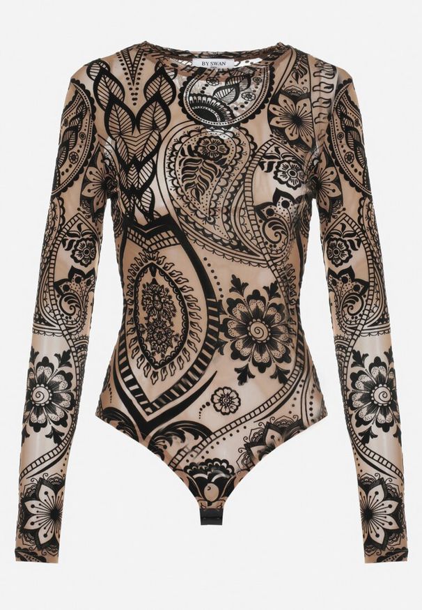 Born2be - Brązowe Body z Siateczki Mophel. Kolor: brązowy. Materiał: welur. Długość: długie. Wzór: aplikacja