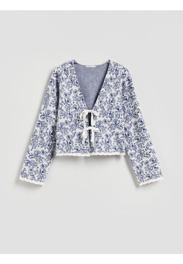 Reserved - Wzorzysty kardigan z wiązaniami - wielobarwny. Materiał: dzianina, wiskoza